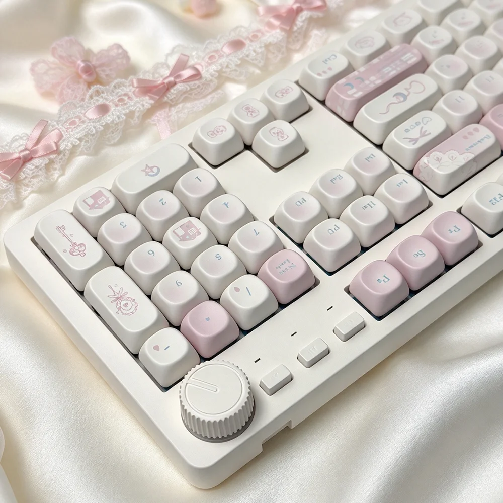 Kawaii Pastel Light Pink Bow House Pattern PBT Keycaps 129-Key MOA Cherry Profile Dye‑Sublimation Keycap for Mechanical Keyboard
