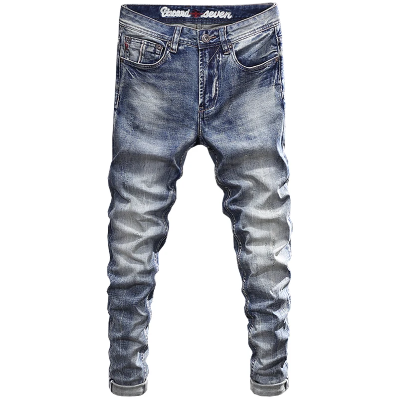 Newly Designer Fashion Men Jeans High Quality Retro Blue Elastic Slim Fit Ripped Jeans Men Trousers Vintage Denim Pants Hombre