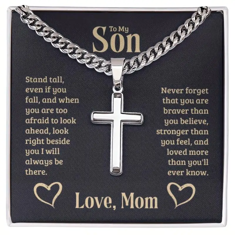 Cross And Cuban Chain Gift For Men And Women For Son- Cross Necklace - Communion Or Baptism Gift - Engraved Bible Verse Or Name