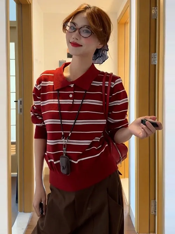 

Красный трикотажный длинный свек в полоску, свободный дизайн, женский базовый свитер, осенний свитер для внутренней одежды, прямой крой