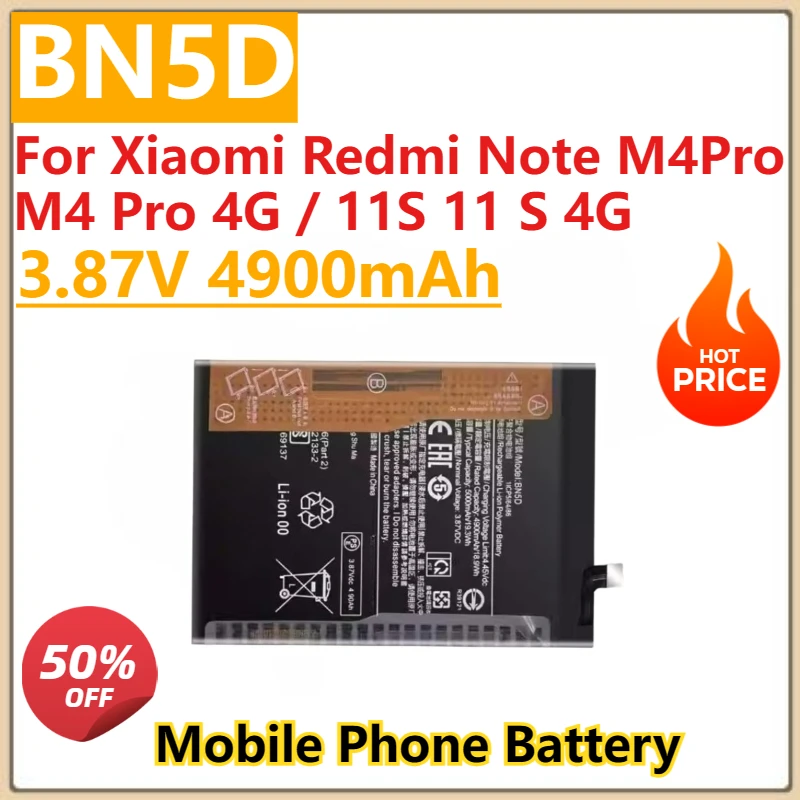 

New High Quality BN5D 3.87V 4900mAh Phone Battery For Xiaomi Redmi Note M4Pro M4 Pro 4G / 11S 11 S 4G Battery Bateria Batteries