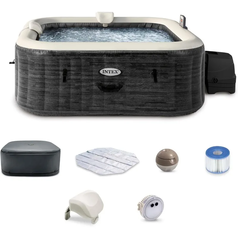 INTEX PureSpa Greystone Deluxe 4 Person Square Inflatable Hot Tub,Bubble Massage Spa Set with Energy Efficient Cover,69 inx28 in