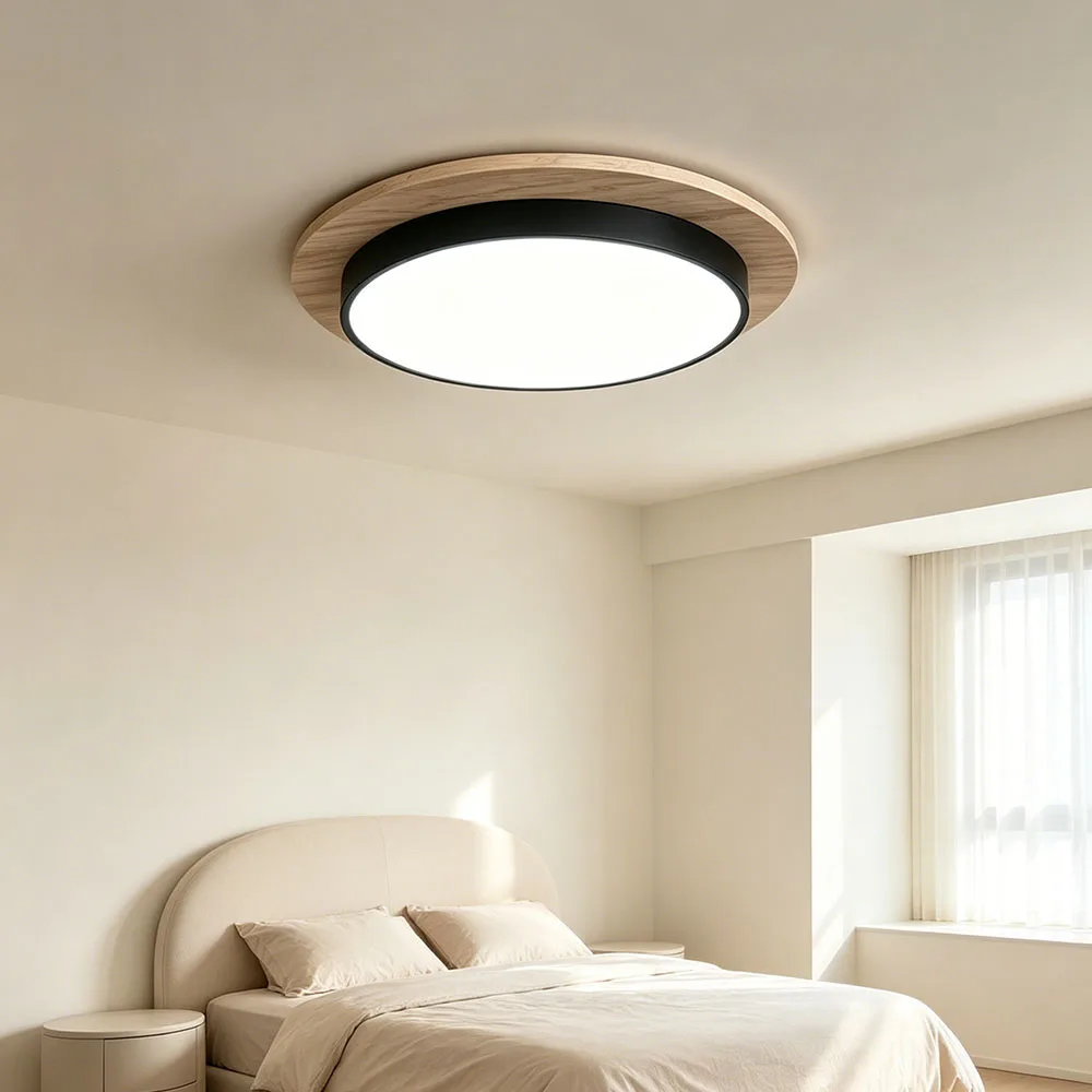 Nordic Minimalist Round LED Ceiling Light Natural Travertine Wood Frame Flush Mount Lamp For Bedroom Hallway Balcony Indoor Home