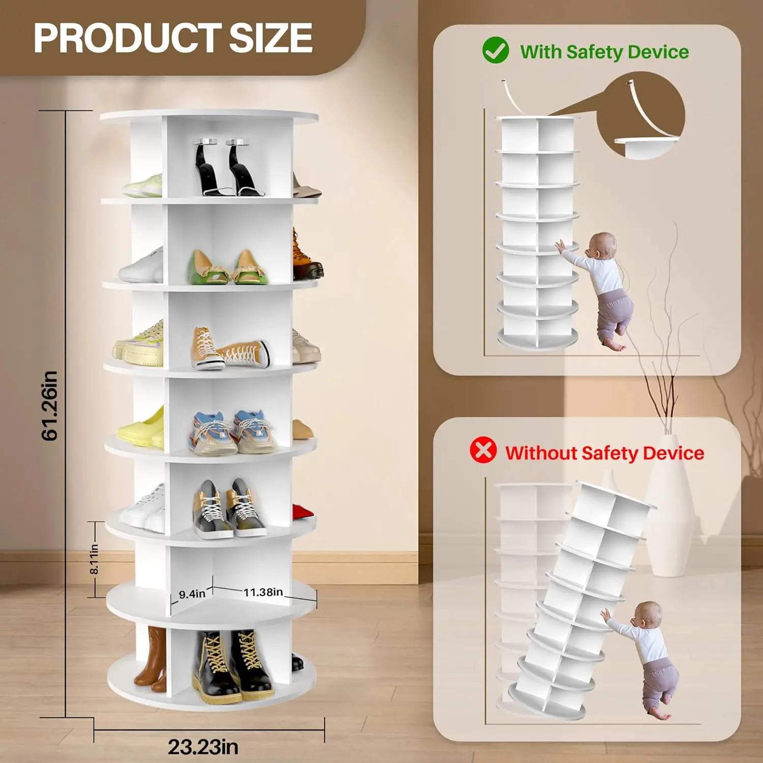 Rotating Tower 7-Tier Spinning Shoe Rack Free Standing 360° Revolving Shoe Organizer Lazy Susan Fits 28 Pairs of Shoes Entryway