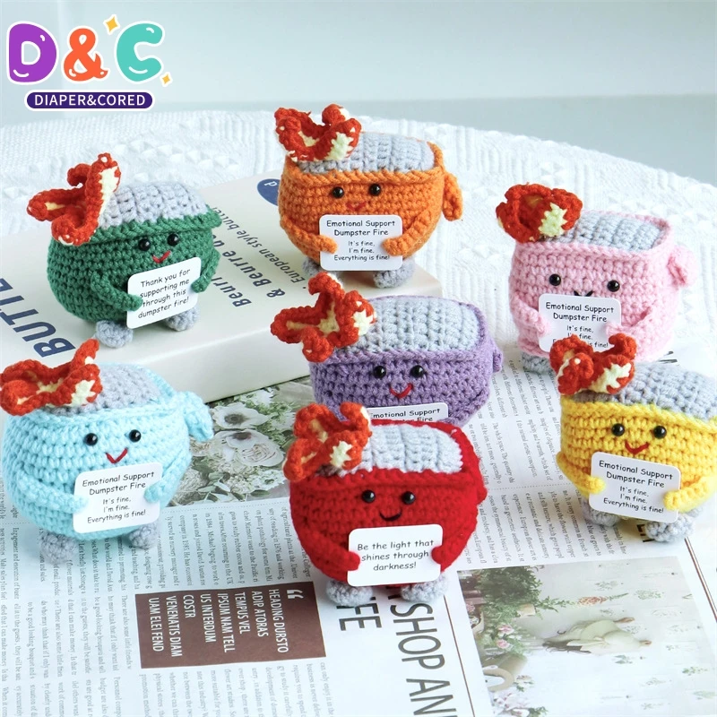 Cute Emotional Support Crochet Dumpster Fire Home Room Decor Funny Dumpster Handmade Knitting Doll Toy Ornament Christmas Gift