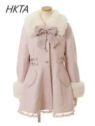 Japanese Sweet Cute Bow Pink Woolen Coat Winter New Versatile Lolita Girls Lace Love Warm Long Overcoat Liz Coat Women Clothes
