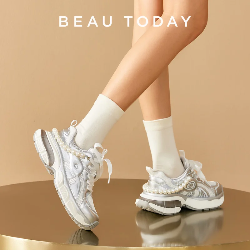 BEAUTODAY Chunky Sneakers Women Patchwork Mesh Ribbon Lace Up Pearl Chain Thick Sole Female Platform Shoes Handmade HW29A12