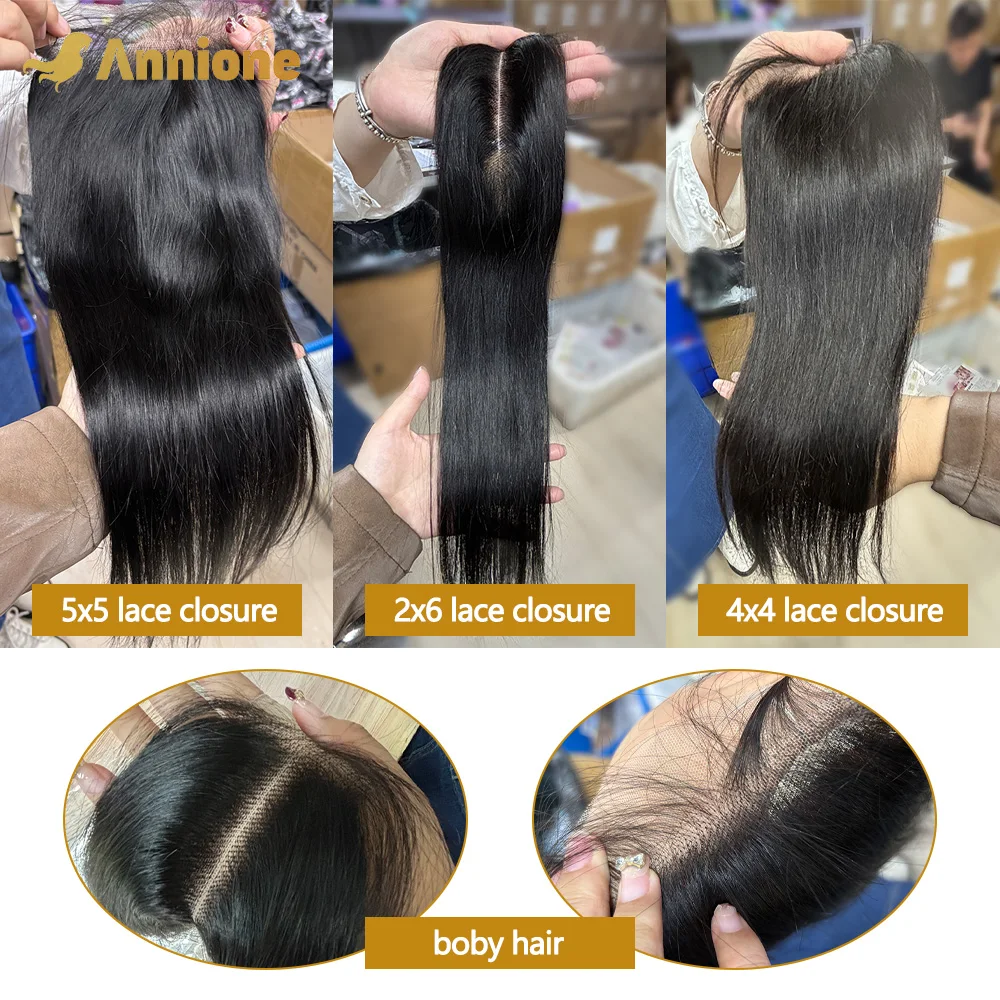 Annione-mechones de cabello humano liso con cierre, Cabello 100% brasileño crudo, 4x4, 5x5, 2x6, extensión de cabello de bebé