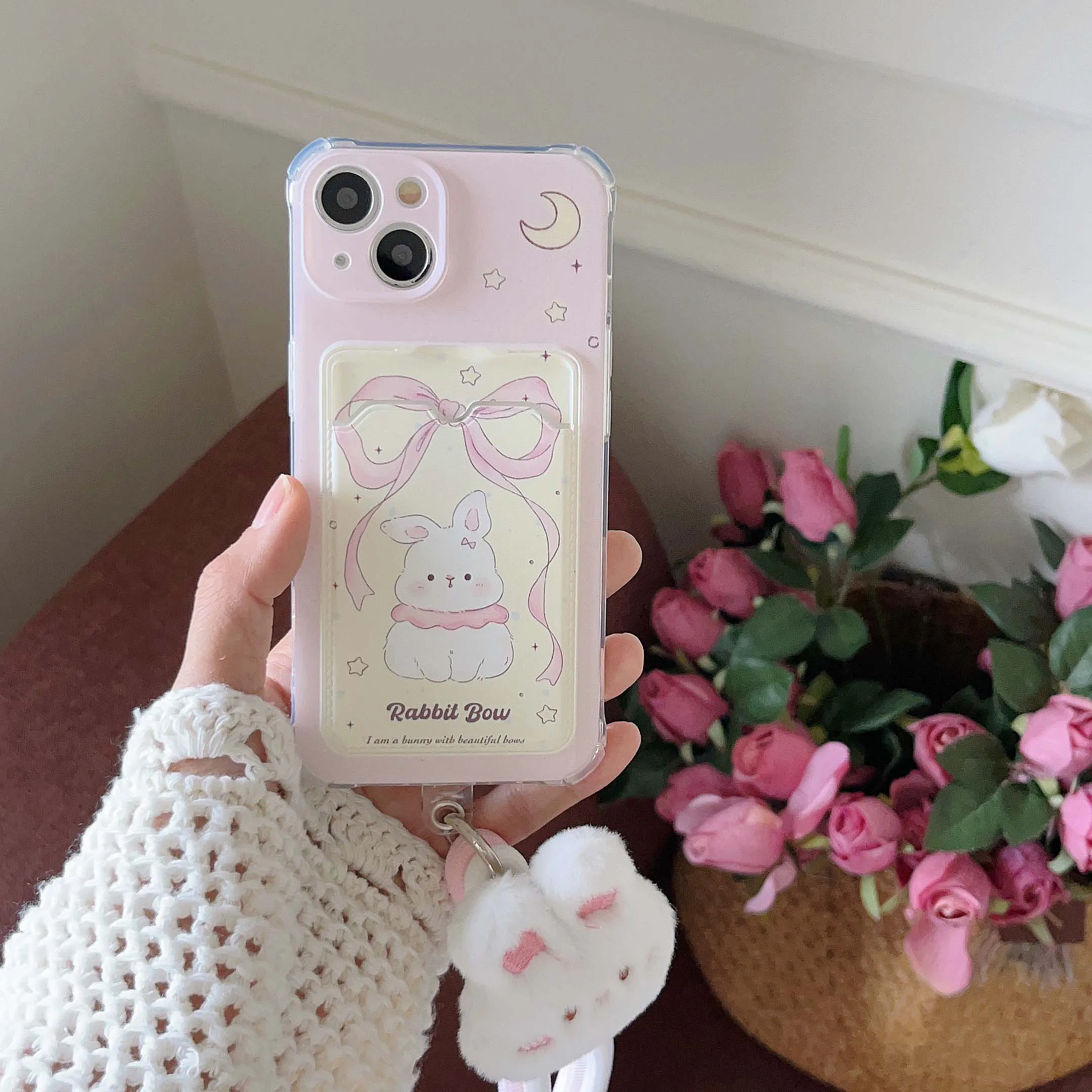 Cute Pink Bow Rabbit Card Bag Phone Case For Iphone 13 11 14Pro 15ProMax 13Pro 12 14 15 Pro Max 13ProMax Plush Bunny Rope Cover
