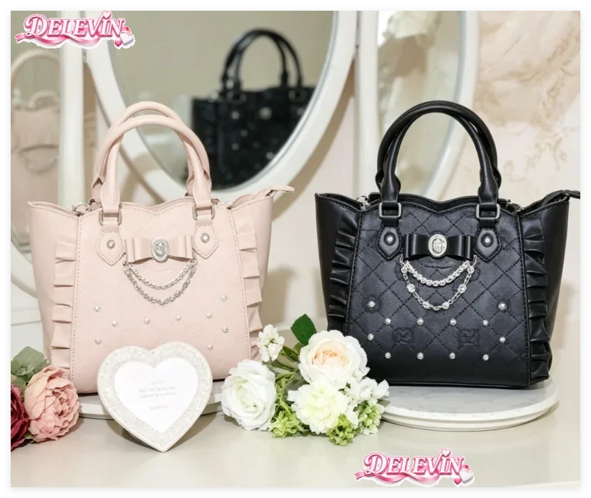 Japanese Style Sweet Lolita Bag New 2026 Girls Cute Bow Pearl Rhinestone Handbag Women's Fashion Versatile Crossbody Tote Bag