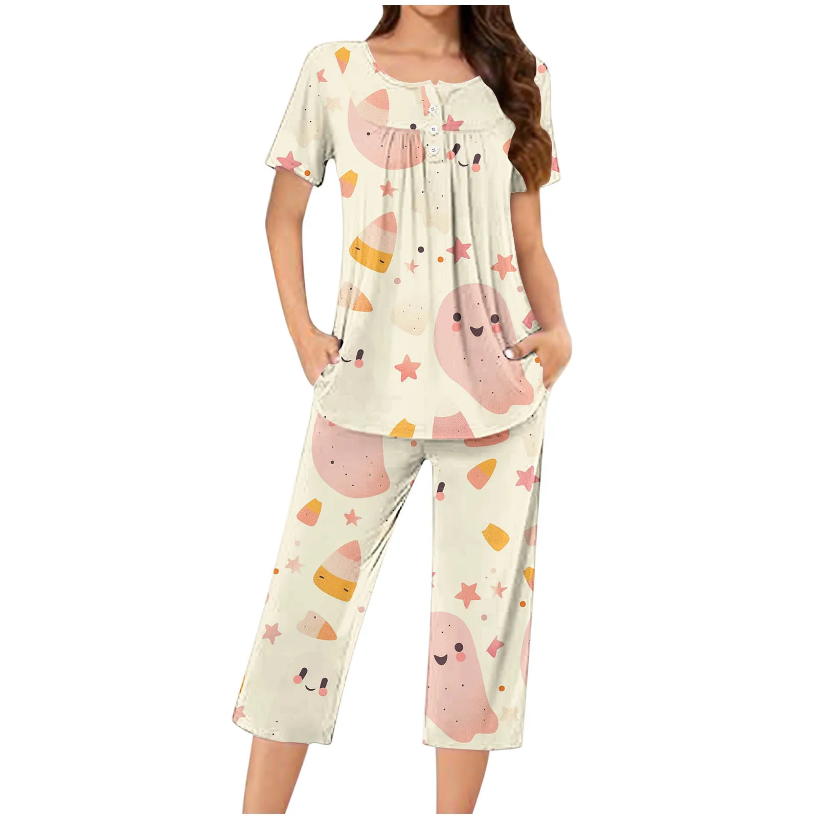 

Spring Summer Two Piece Set For Women Halloween Cute Printed Square Collar Tops And Calf-length Trousers Casual Comfortable Suit