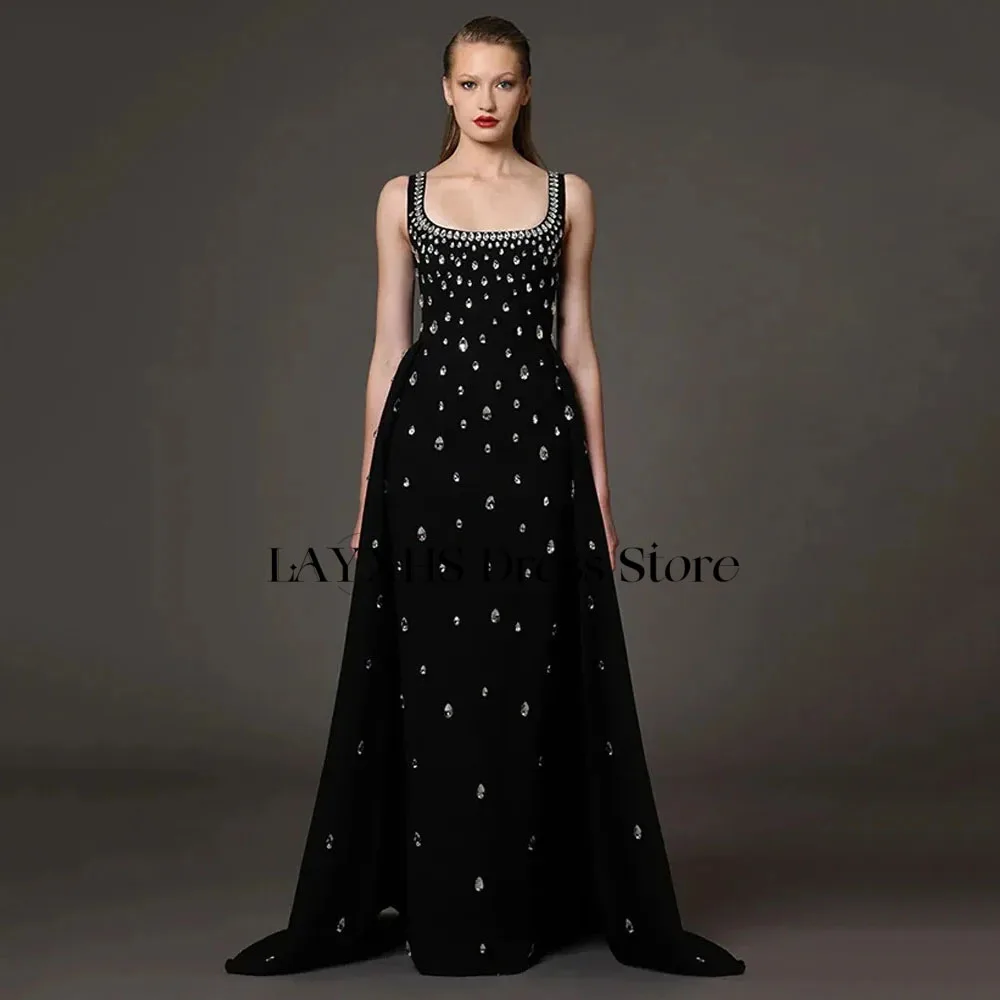 LAYXHS Gorgeous Square Neck Evening Dresses Black A-Line Shiny Beaded Sleeveless Prom Dresses Customized فساتين سهرات