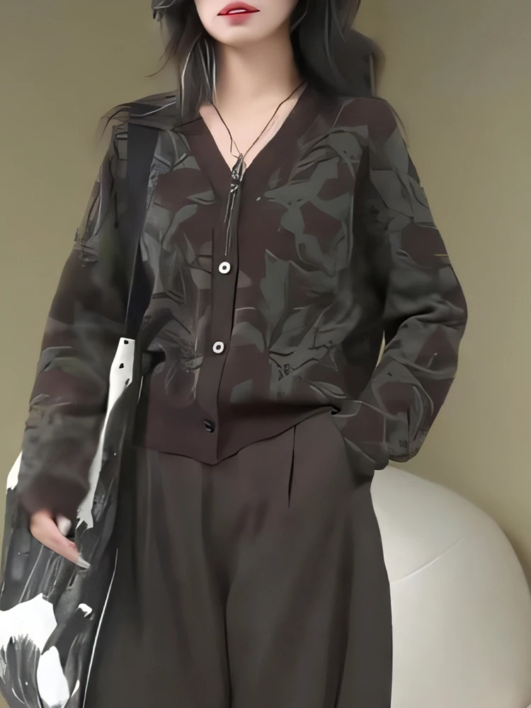 

Вязаный кардиган с вышивкой и V-образным вырезом, длинный рукав, женская модная ретро-верхняя одежда, осенняя новинка, корейский свободный крой