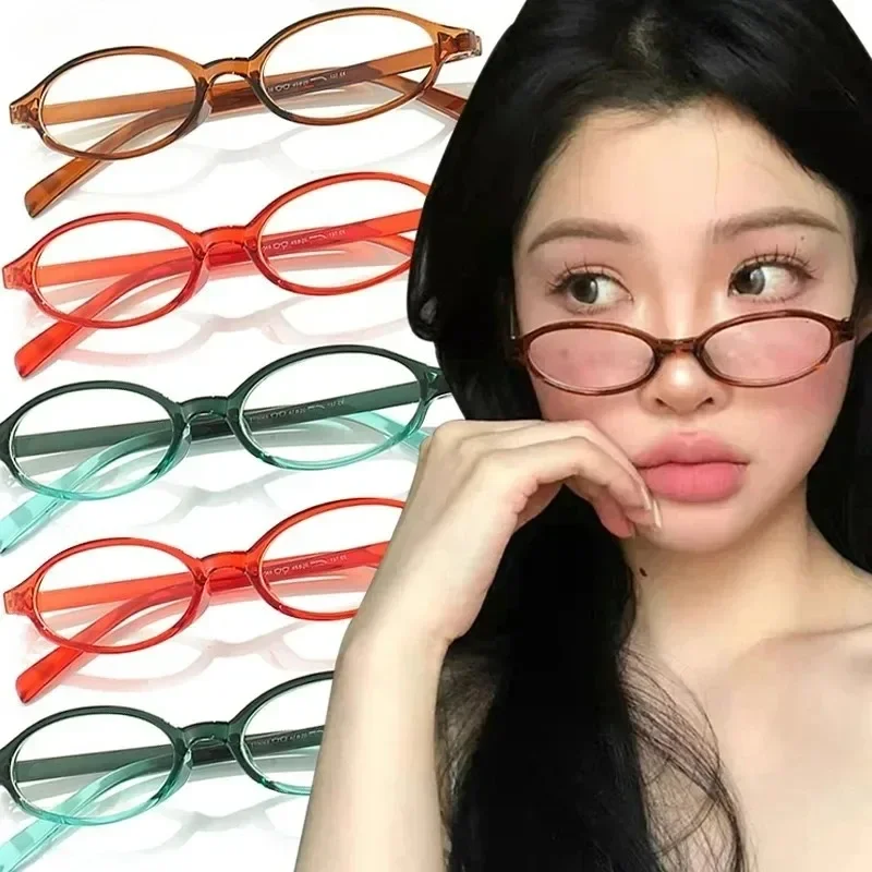 Y2K Retro Oval Glasses Women Girls Red Green Frame Glass Eyewear Decorative Computer Anti-blue Eyeglasses with Seaside Driving