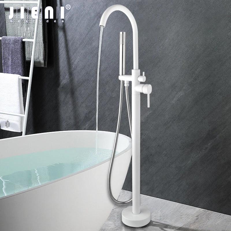 JIENI Bathroom Bathtub Faucet Set Floor Mounted Spray White Paint Dual Handles With Hand Shower Hot And Cold Water Mixer Taps