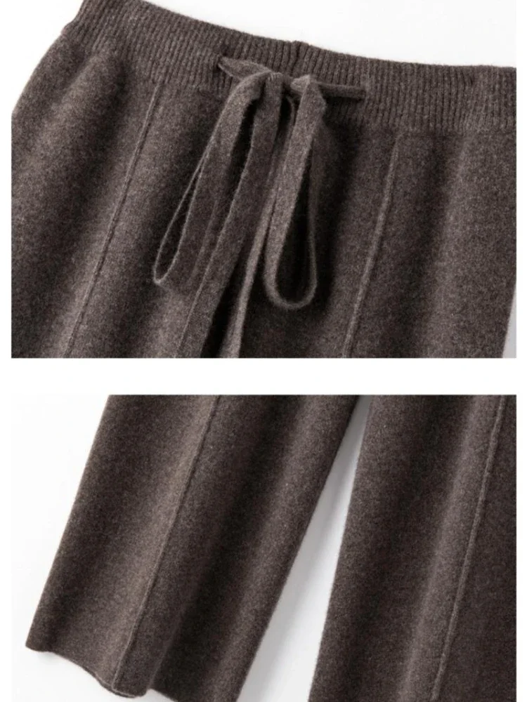 Pantalones de pierna ancha de Cachemira de cintura alta para mujer, trapeador de lana drapeado informal, ropa exterior de punto, otoño e invierno,