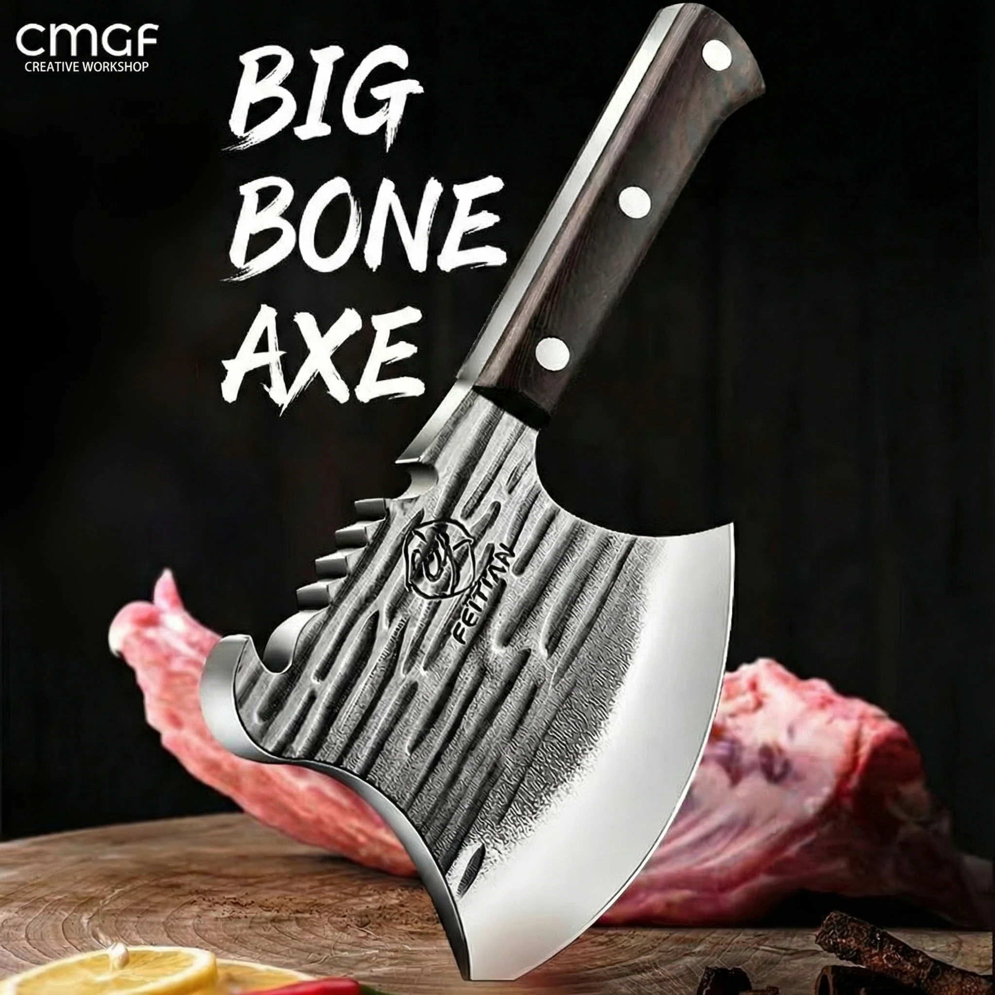 Hand-Forged Axe Bone Chopper, Heavy-Duty Thickened Commercial Bone Cleaver for Beef Bones C2612
