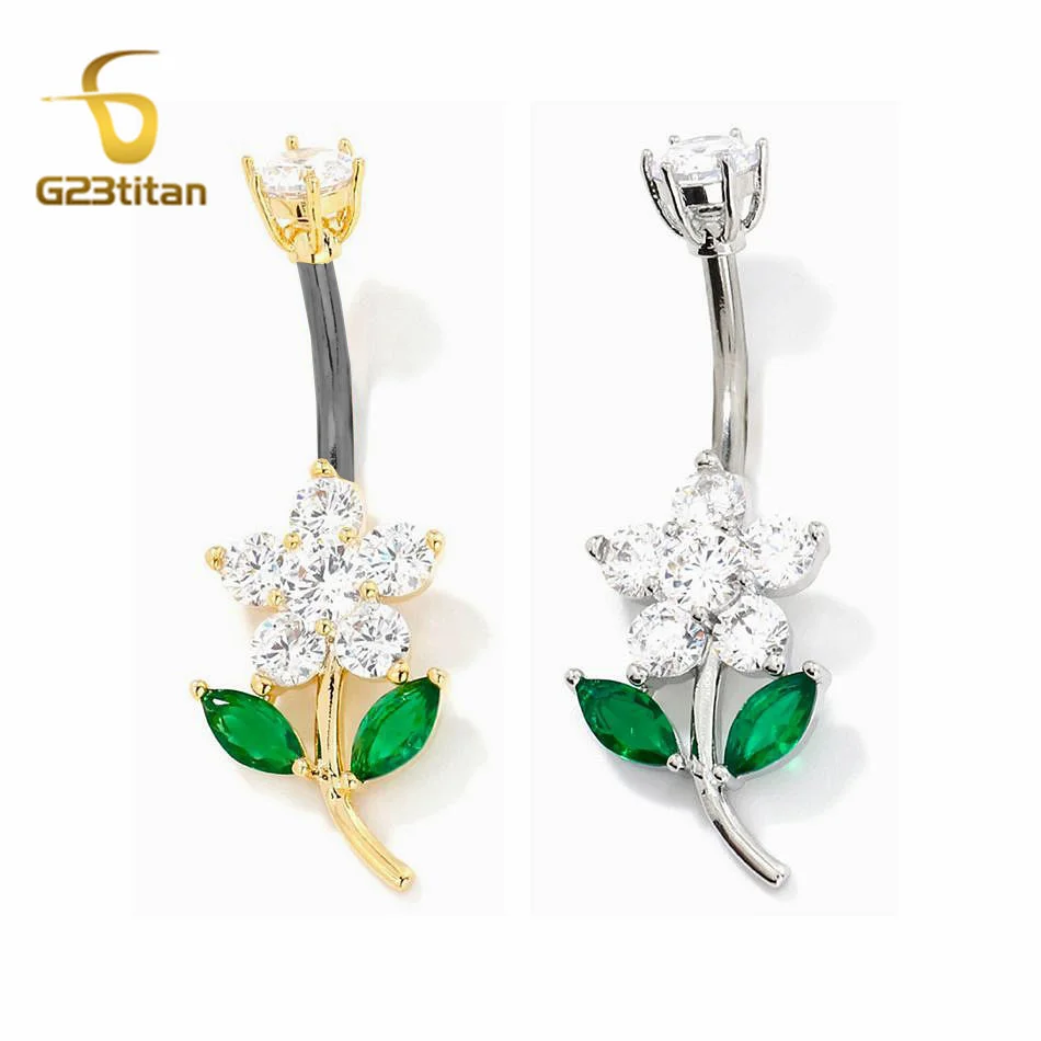 CZ Zircon Flower Belly Button Ring 14G Titanium Bar Anti Allergy Body Piercing Navel Jewelry Women Accessories Gold Silver Color