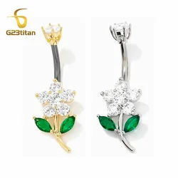 CZ Zircon Flower Belly Button Ring 14G Titanium Bar Anti Allergy Body Piercing Navel Jewelry Women Accessories Gold Silver Color