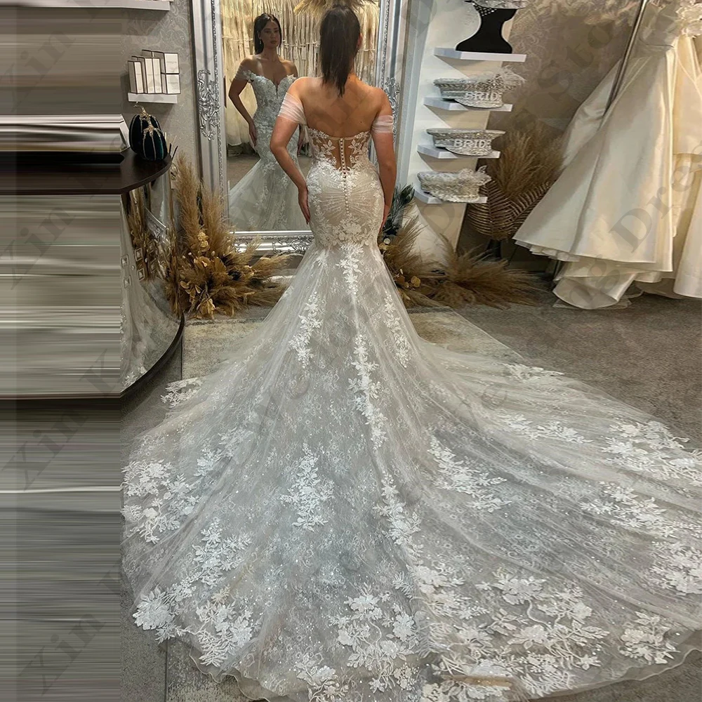 Lace Applique Mermaid Wedding Dresses Fascinating Slim Bohemian Sexy Backless Elegant Off Shoulder Mopping Bridal Gowns 2024