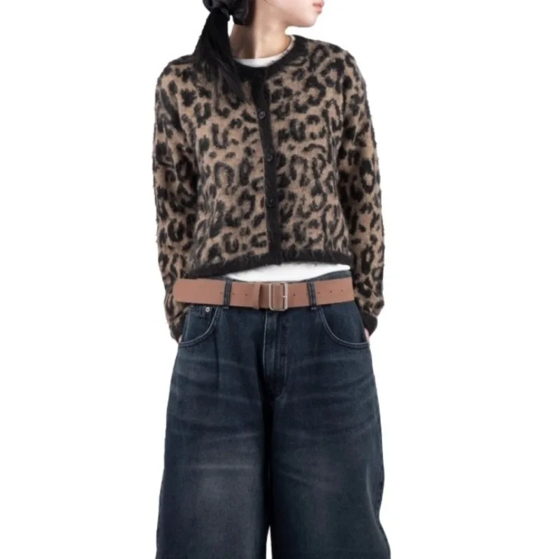 O-neck Patchwork Cashmere Long Sleeve Cardigan Women 2025 Winter New Streetwear Leopard Print Loose Casual Soft Knitted Tops