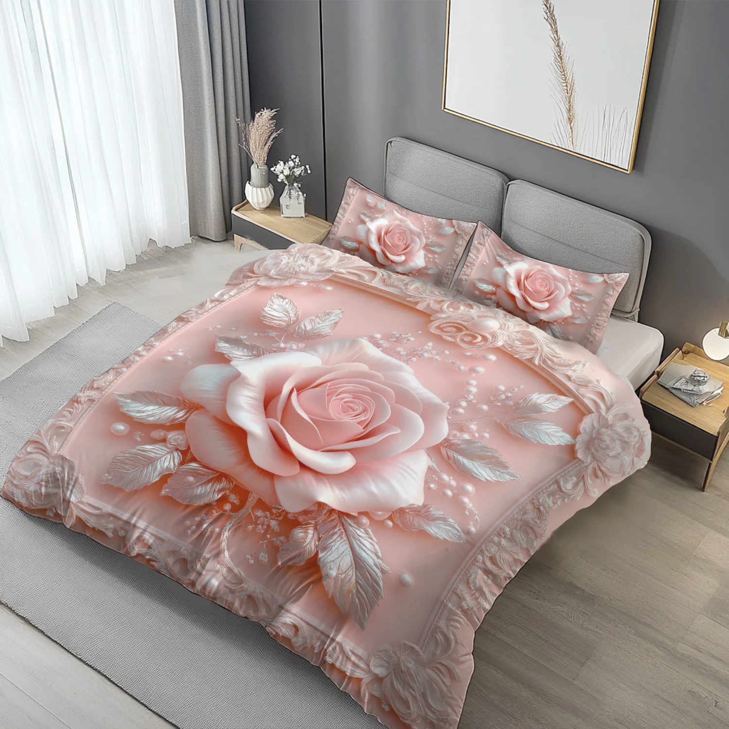 Pink Rose & Silvery Leaves Duvet Cover Set Elegant Design Soft Bedding Machine Washable Bedroom Decorative Comforter Set