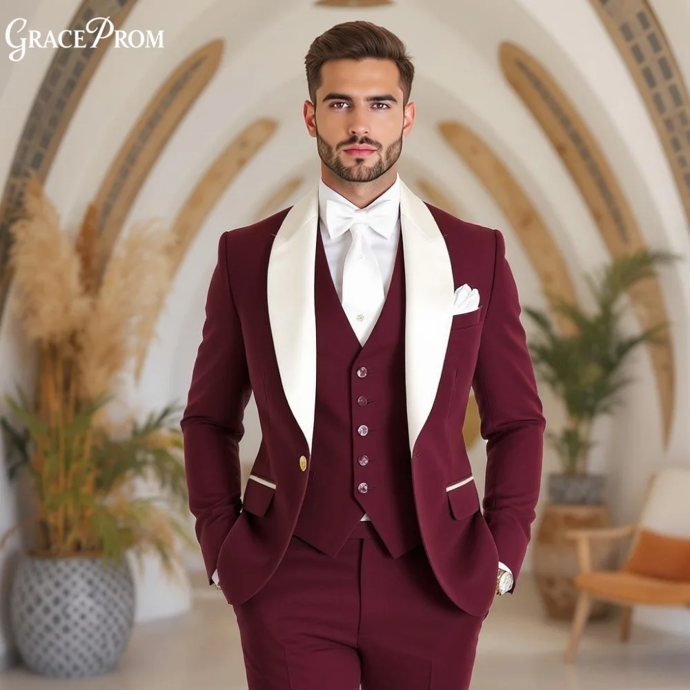 Traje de esmoquin formal moderno de 3 piezas para hombre, corte ajustado, solapa blanca, conjunto de traje de novio para boda, talla grande, para cenas, ceremonias y eventos.