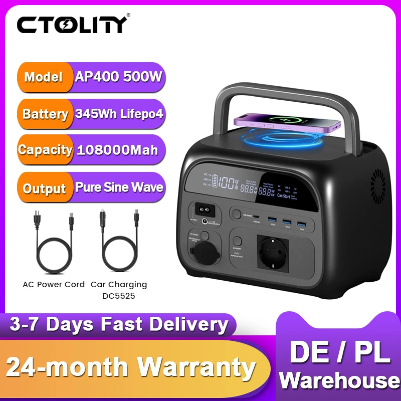 CTOLITY AP400 500W Tragbare Camping-Powerstation 345Wh LiFePO4 Reiner Sinuswellen-Solargenerator für Outdoor 220V Ausgang Gartenparty