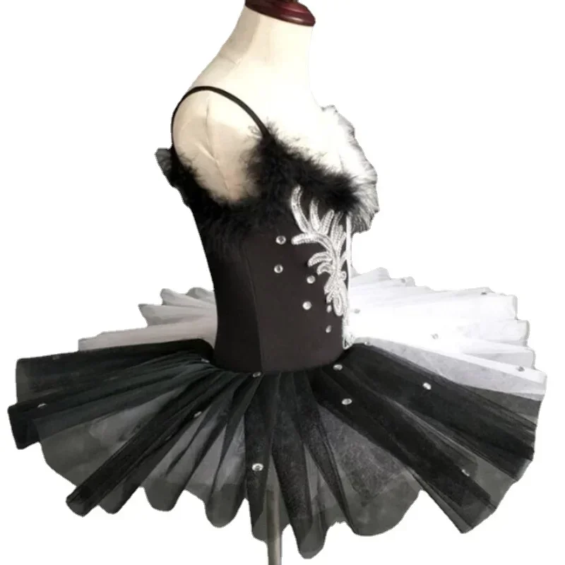Vestido tutú de Ballet con costura en blanco y negro para niñas, traje profesional de bailarina de encaje delicado con lago de los cisnes