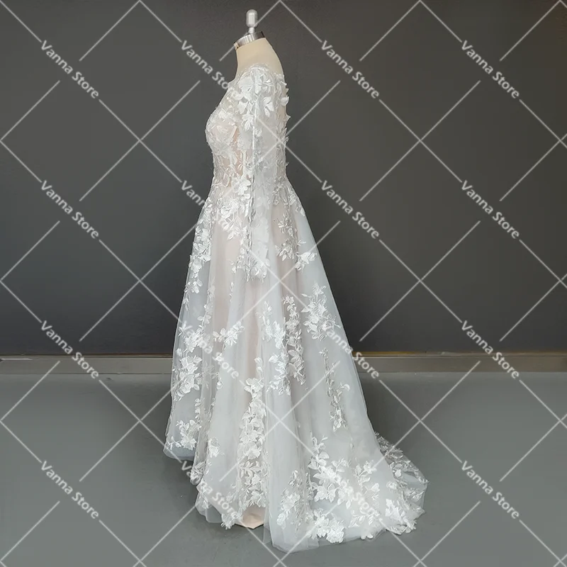 Abito da sposa in Tulle con ricamo a maniche lunghe regolari abito da sposa con scollo a V in rete di pizzo senza schienale Illusion su misura Plus Size