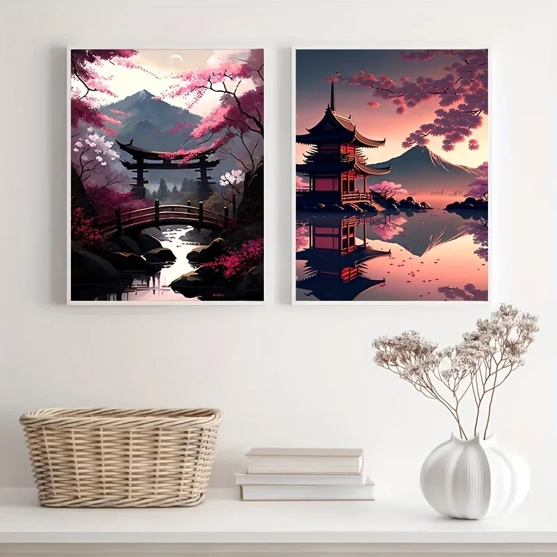 2pcs frameless Canvas Painting 2pcs/set of Japanese Landscape Cherry Blossom Canvas Poster Rizhao Mountain Sunset Wall Art Print