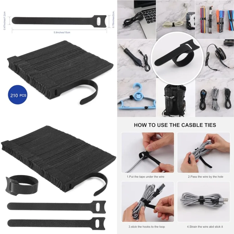 

Reusable Cable Ties, 210 PCS 6 Inch Adjustable Cord Straps Wire Organizer Cord Wrap and Hook Loop Cable Management