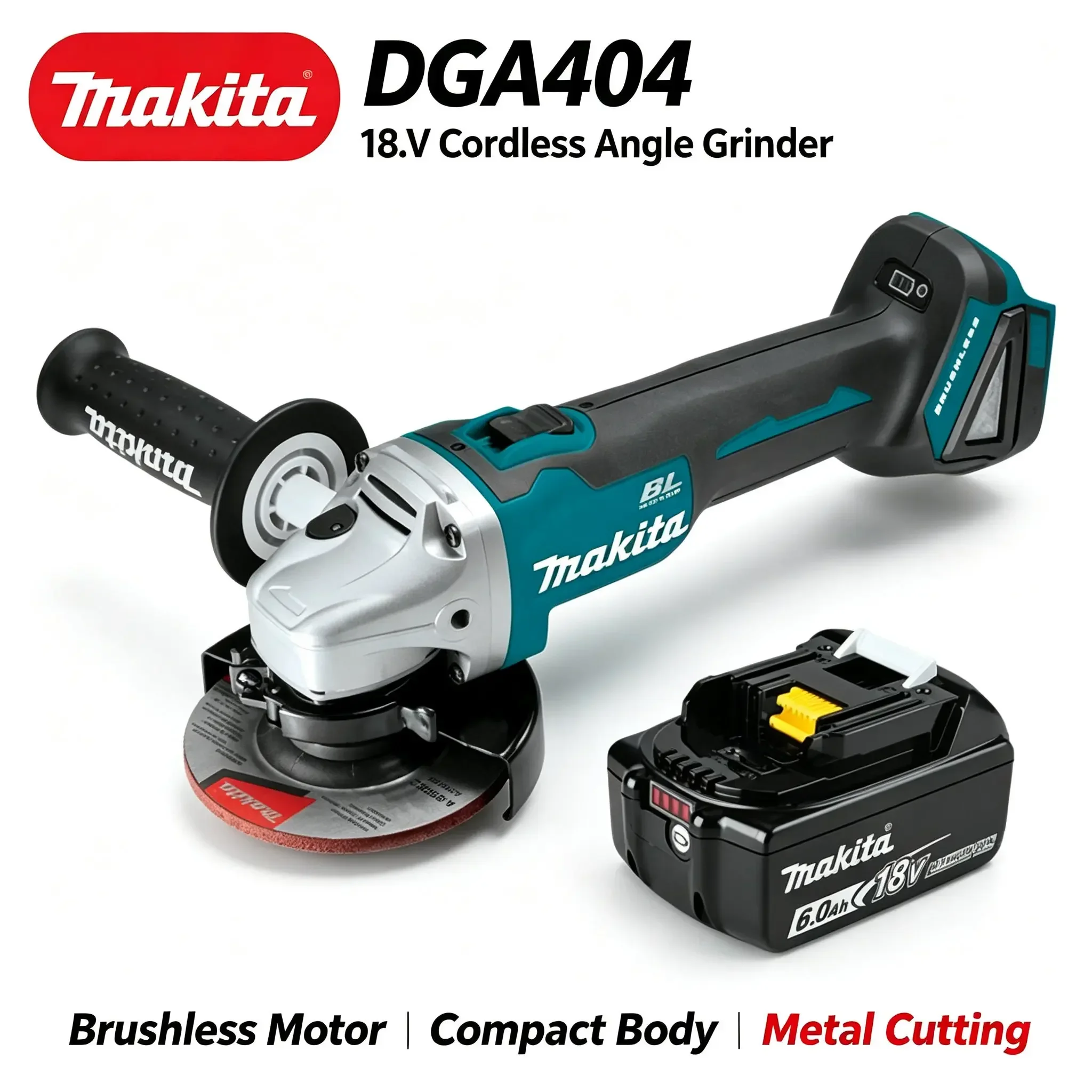 Smerigliatrice a batteria Makita DGA404 18V senza spazzole, utensile elettrico ricaricabile per taglio, smerigliatura, lucidatura, manutenzione in officina, garage e riparazioni fai-da-te