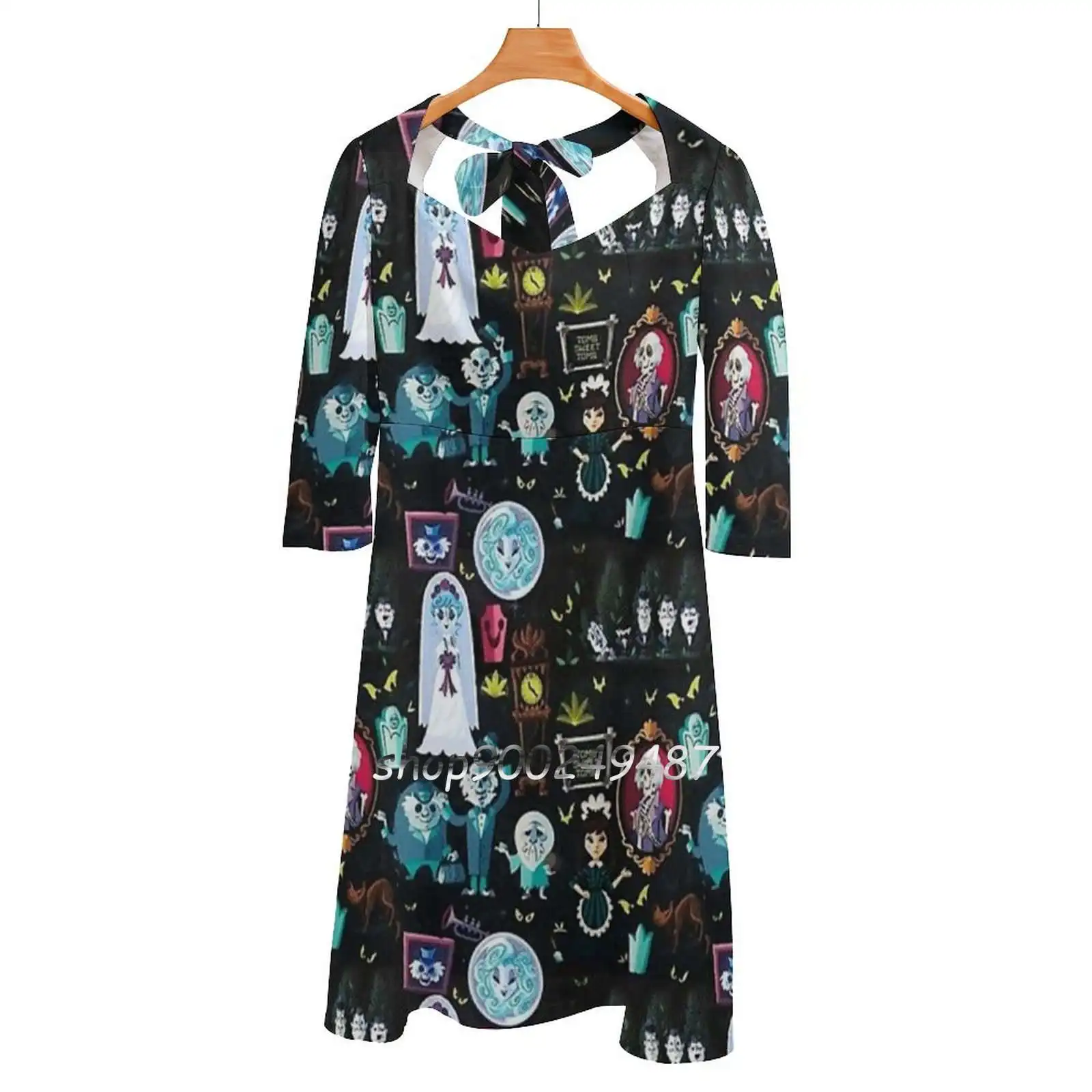 Pattern Square Neck Dress Cute Loose Print Dresses Elegant Beach Party Dress Haunted Mansion 999 Ghosts Land Haunted House