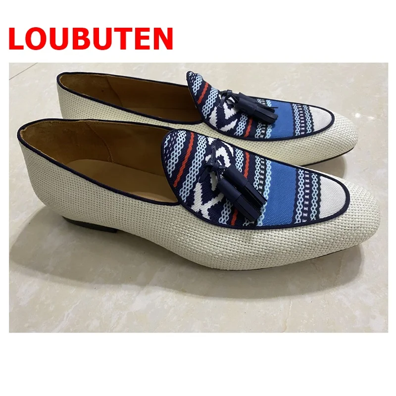 LOUBUTEN Free Shipping Patchwork Jacquard Weave Tassel Loafers Men Casual Shoes Fashion Mocasines Handcrafted Mens Dress Shoes