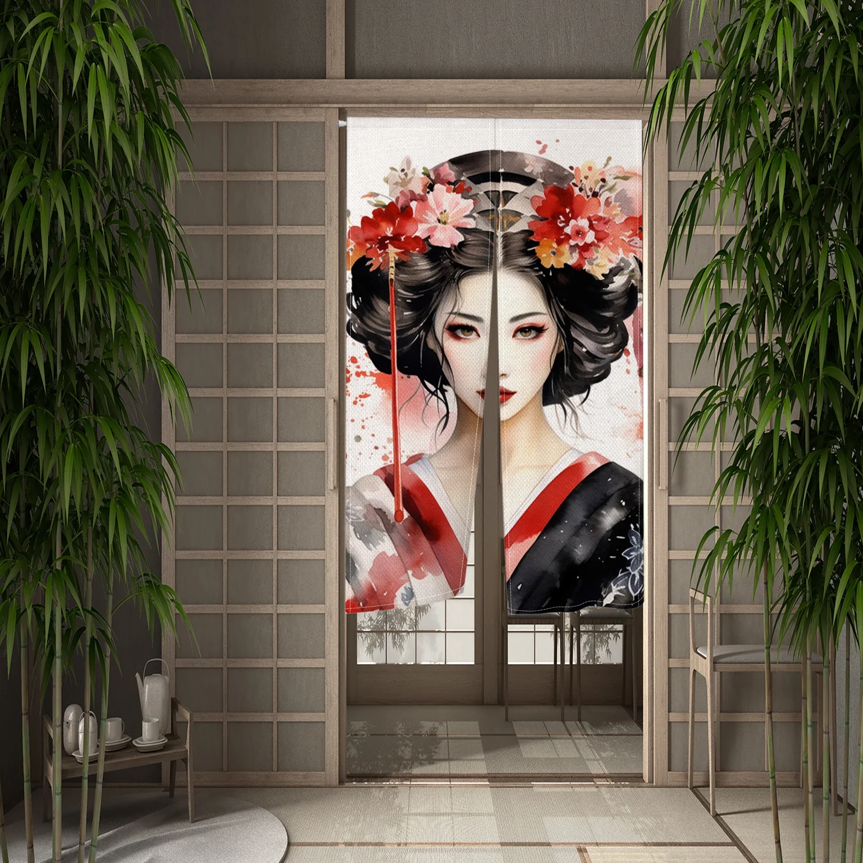 Kyoto Geisha Girls Japanese Door Curtain Ukiyo-E Pattern Cherry Blossom  Kitchen Doorway Curtain Entrance Hanging Half-Curtain