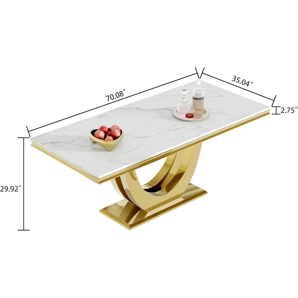 Table de salle à manger en faux marbre blanc, base en acier inoxydable en forme de U pour les touristes, impression de marbre, haut NW, 70 po, 6-8 po, 0.71 po