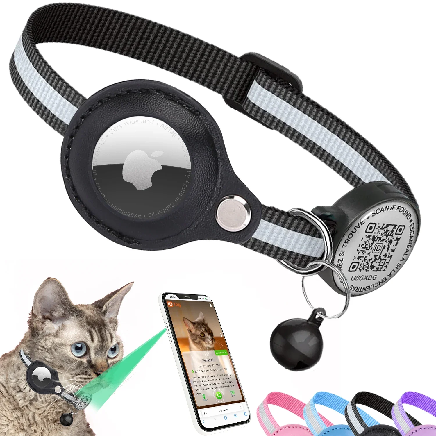 Reflective AirTag Cat Collar, Cat Tracker Collar with Air Tag Holder & QR Tag, Safety Cat GPS Collars for Girl Boy Cats, Kittens