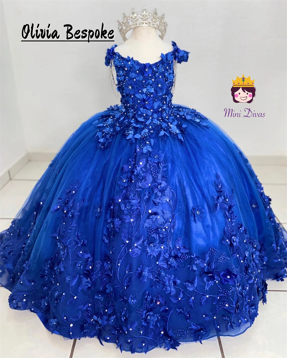 

Fabulous King Blue Off The Shoulder Flower Girls Dresses For Little Girl Off The Birthday Party Gowns Beaded Appliques Ball Gown