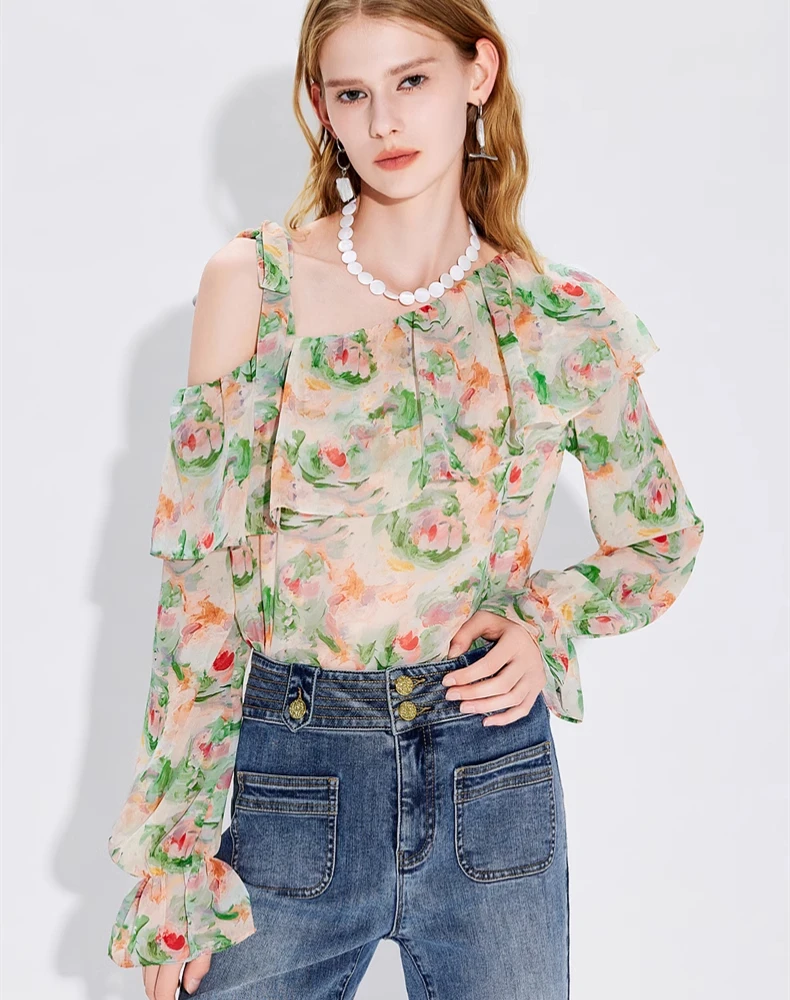 Soft Chiffon Flower Shirts Nice Rose Floral Printed Blouse for Women Gentle Lady Off Shoulder Ruffled Camisa Spring Korean Girls