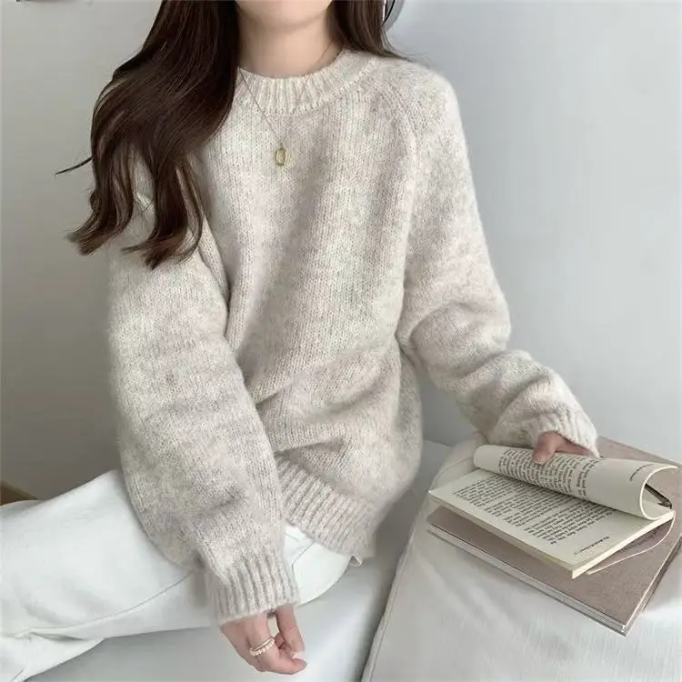 

2025 New Crew Neck Shoulder Long Sleeve Mixed Color Plush Loose Pullover Sweater Women's Large Size Casual Pullover