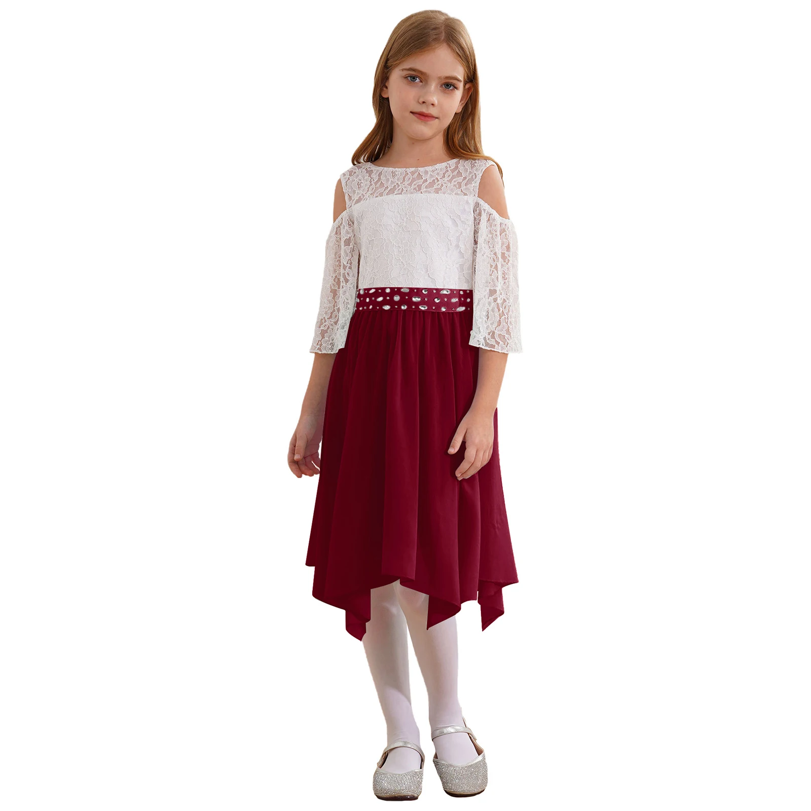 Junior Brautjungfer Kleider Mädchen Blumen Spitze Party kleid V-förmige rücken freie Patchwork Kleid festliches Kleid für Mädchen Festzug Vestidos