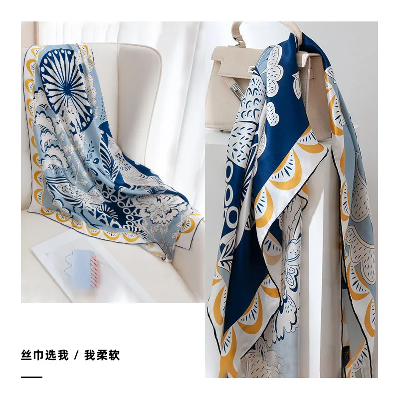 Souvenir 100% mulberry silk blue printed 90 square scarf high sense - Image 2