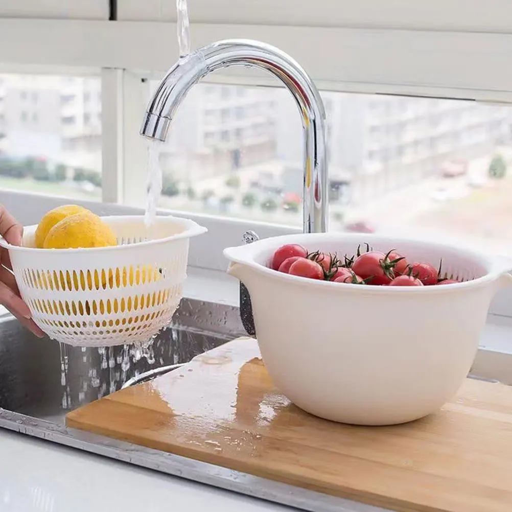 

2 Sets Double layer Drain Basket Vegetable Sink Kitchen Rice Washing Fruit Storage Plate Multi function Draining Plastic