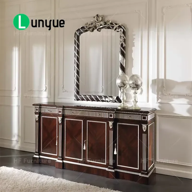 Classic Solid Wood Office Sideboard Cabinet with Mirror Premium Hotel Style Storage Furniture Set