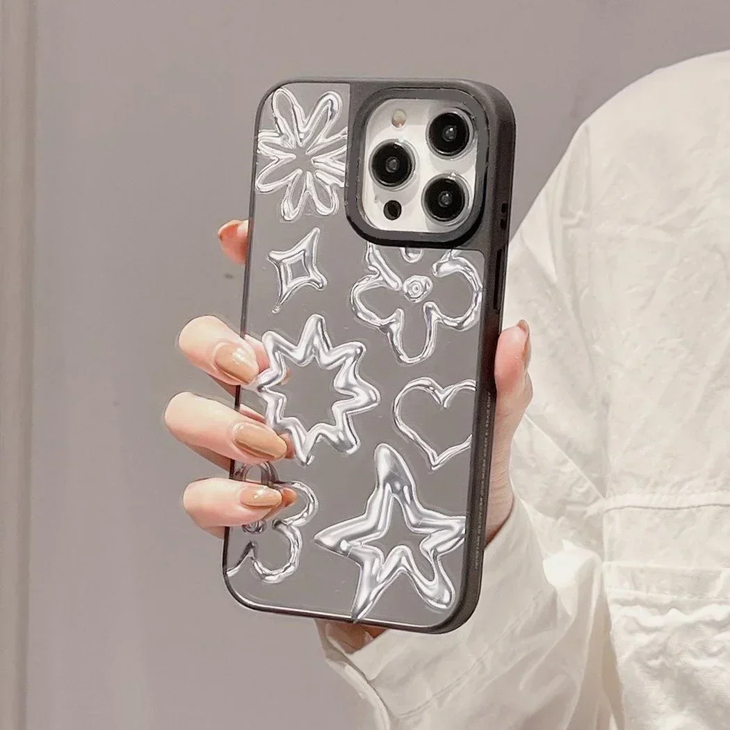 Silver Heart Star iPhone 11 12 13 14 15 Pro Max Mirror Surface MagSafe Case Cover Shell