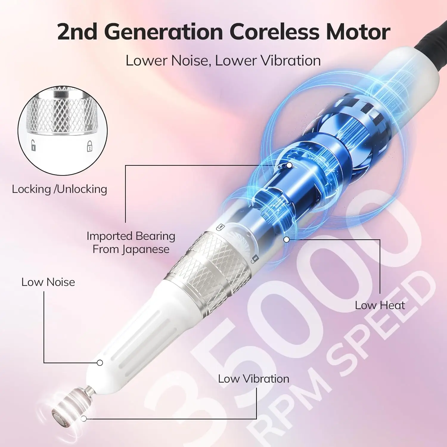 Professional Cordless Nail Drill Machine, 35000RPM Electric File for Acrylic Gel Nails, Manicure Pedicure Tools - White