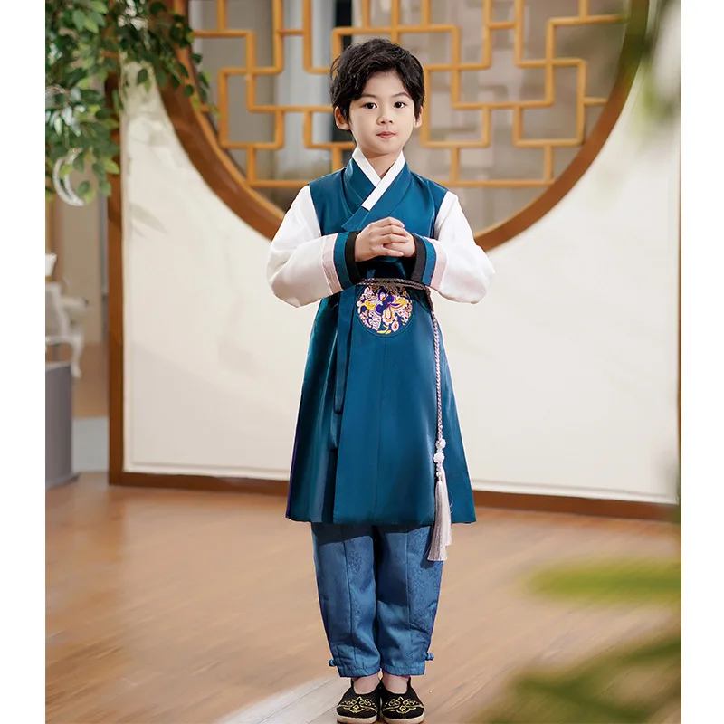 Conjunto de 3 piezas de Hanbok coreano para niños, chaleco y pantalones bordados de estilo étnico, disfraz infantil para presentaciones escénicas, ceremonias y actividades.