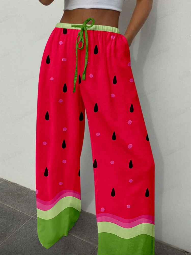 New 3D Floral Print Women's Wide-leg Pants Drawstring Relaxed-Fit Casual Comfortable Breathable Fashionable Wide-Leg Pants