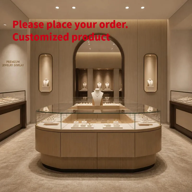 custom.Customized Walnut Wood Jewelry Display Cabinet Tempered Glass Door LED Lighting Anti Theft Lock Eco Friendly Durable Recy